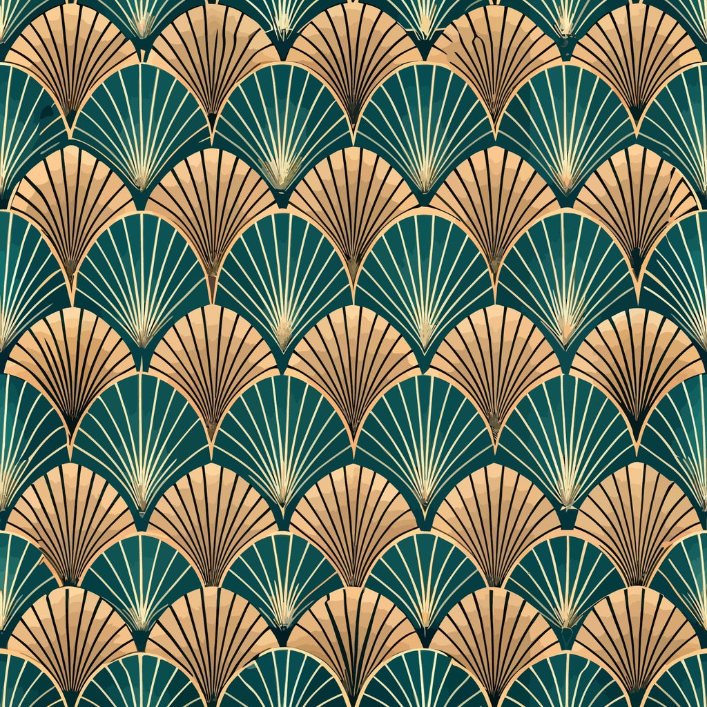 art deco, fan pattern, geometric design, teal green, peachy coral, gold accents, repeating motif, scalloped fans, vintage style,, fabric panel, radiating lines, overlapping scales, emerald teal, warm peach, metallic highlights, 1920s inspired, shell pattern, luxurious feel