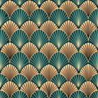 art deco, fan pattern, geometric design, teal green, peachy coral, gold accents, repeating motif, scalloped fans, vintage style,, fabric panel, radiating lines, overlapping scales, emerald teal, warm peach, metallic highlights, 1920s inspired, shell pattern, luxurious feel