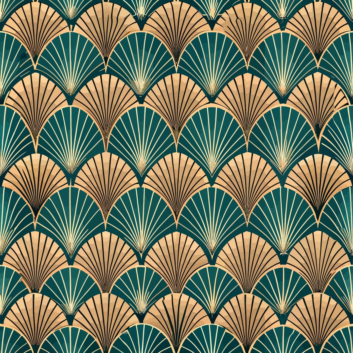 art deco, fan pattern, geometric design, teal green, peachy coral, gold accents, repeating motif, scalloped fans, vintage style,, fabric panel, radiating lines, overlapping scales, emerald teal, warm peach, metallic highlights, 1920s inspired, shell pattern, luxurious feel