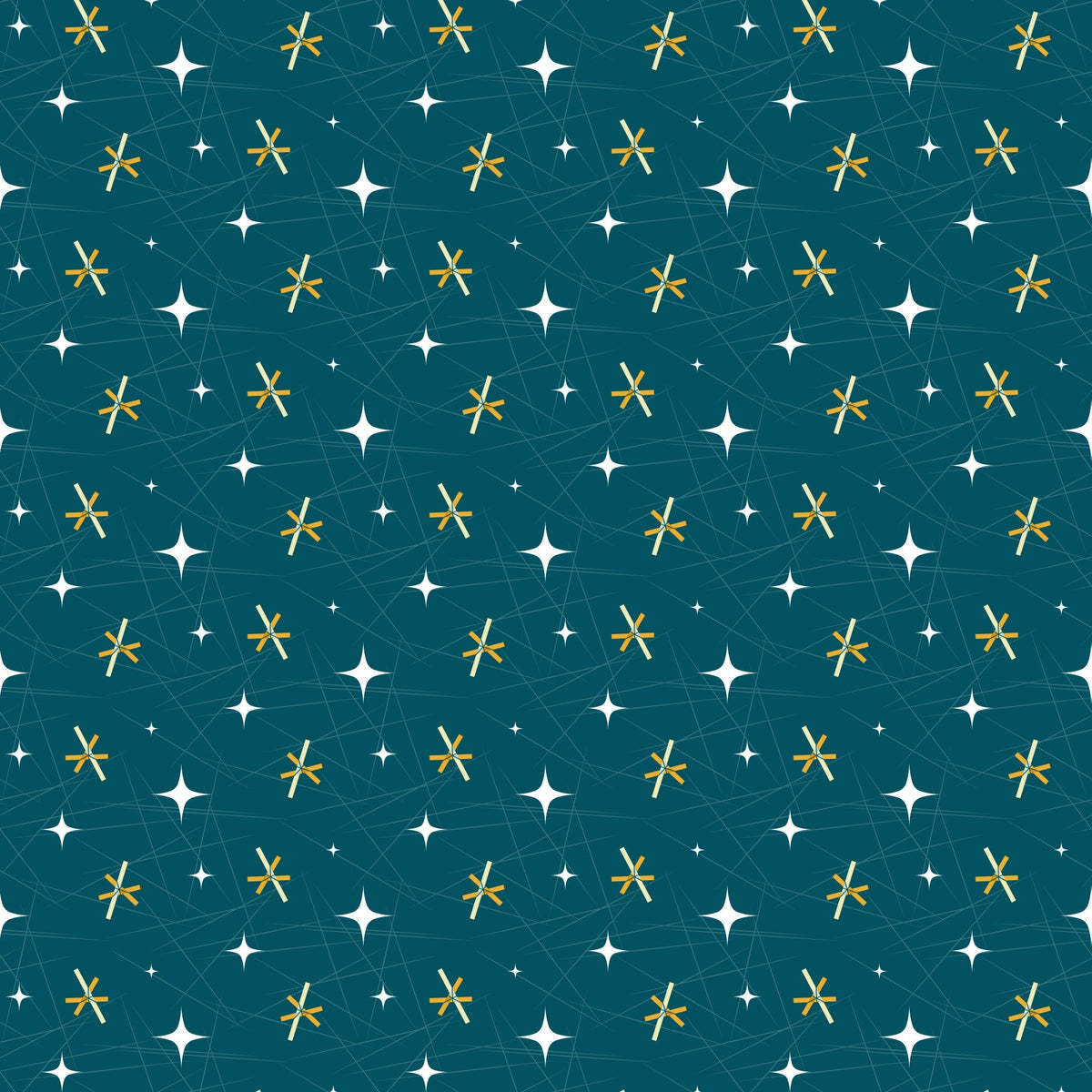 teal, turquoise, gold, yellow, white, atomic starburst, mid-century modern, retro, geometric, stars, constellation, space age,, fabric panel, vintage style, 1950s inspired, celestial, atomic era, repeating pattern, scattered motifs