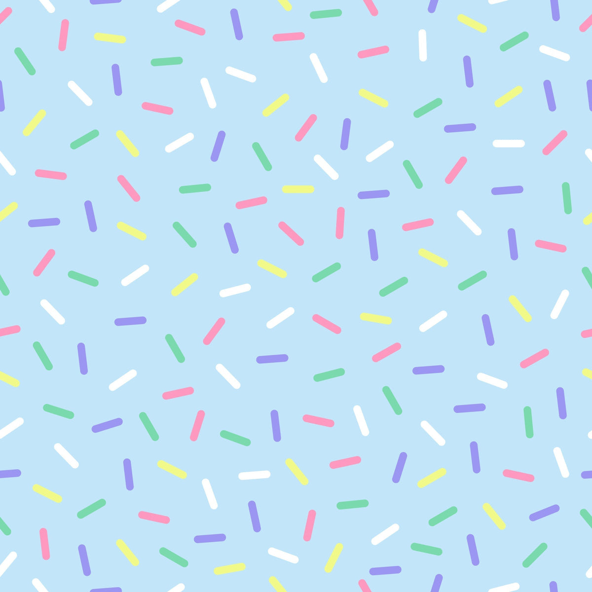 rainbow sprinkles, multicolored confetti, candy sprinkles, pastel blue background, pink sprinkles, purple sprinkles, yellow sprinkles, green sprinkles, white sprinkles, scattered pattern, random placement, sweet treats, bakery theme, dessert motif,, fabric panel, cheerful mood, playful design, birthday theme, celebration pattern