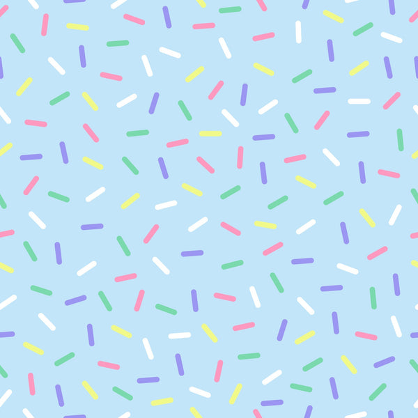 rainbow sprinkles, multicolored confetti, candy sprinkles, pastel blue background, pink sprinkles, purple sprinkles, yellow sprinkles, green sprinkles, white sprinkles, scattered pattern, random placement, sweet treats, bakery theme, dessert motif,, fabric panel, cheerful mood, playful design, birthday theme, celebration pattern