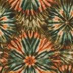 tie dye, retro,, fabric panel, orange, teal, green, brown, radiating pattern, starburst design, psychedelic, 1960s style, hippie aesthetic, circular motifs, kaleidoscope effect, bohemian, vintage inspired, groovy pattern, swirling colors, abstract design