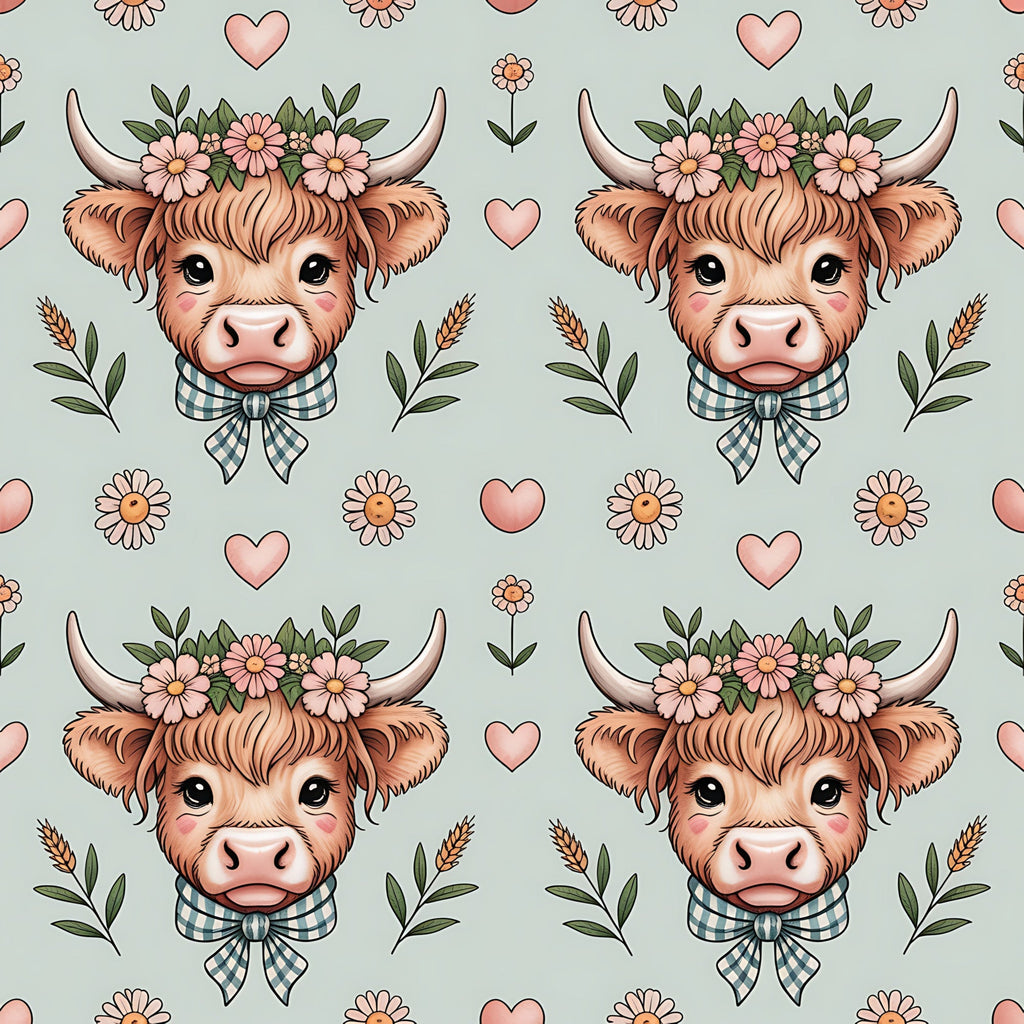 highland cow, flower crown, plaid bow tie, pink hearts, sage green, coral pink, brown fur, horns, daisies, wheat stalks, cottage core, farm animals, floral pattern,, fabric panel, pastoral theme, cute animals, repeating pattern, soft colors, country style