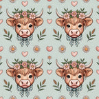 highland cow, flower crown, plaid bow tie, pink hearts, sage green, coral pink, brown fur, horns, daisies, wheat stalks, cottage core, farm animals, floral pattern,, fabric panel, pastoral theme, cute animals, repeating pattern, soft colors, country style