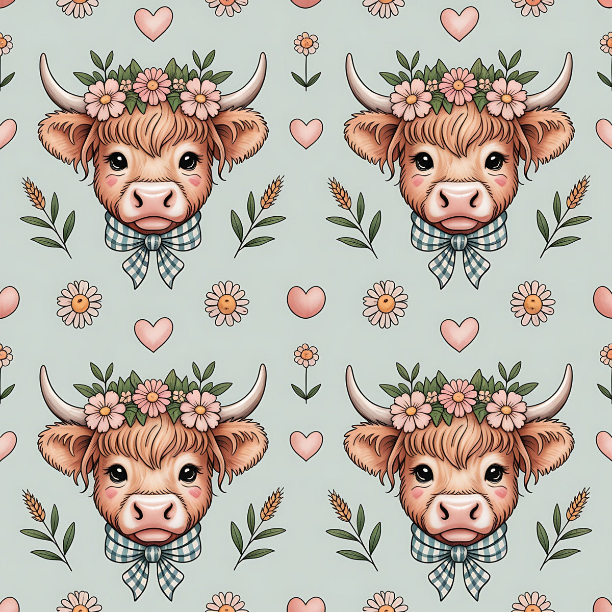 highland cow, flower crown, plaid bow tie, pink hearts, sage green, coral pink, brown fur, horns, daisies, wheat stalks, cottage core, farm animals, floral pattern,, fabric panel, pastoral theme, cute animals, repeating pattern, soft colors, country style