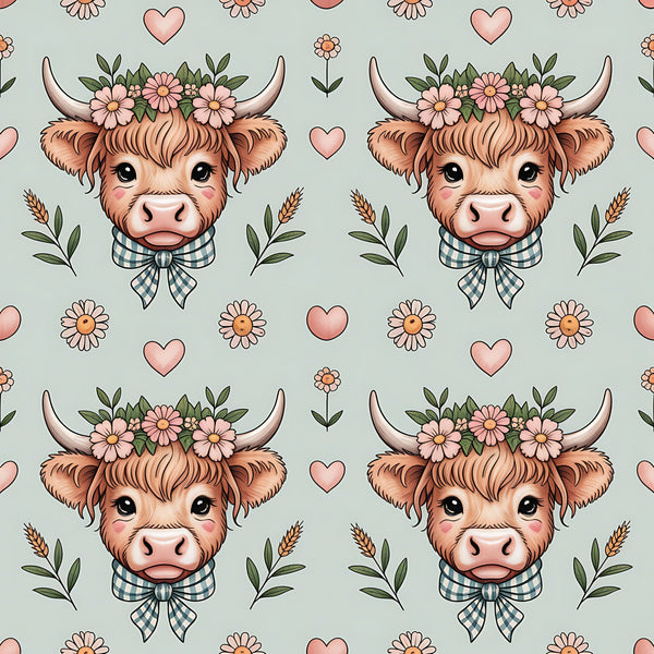 highland cow, flower crown, plaid bow tie, pink hearts, sage green, coral pink, brown fur, horns, daisies, wheat stalks, cottage core, farm animals, floral pattern,, fabric panel, pastoral theme, cute animals, repeating pattern, soft colors, country style