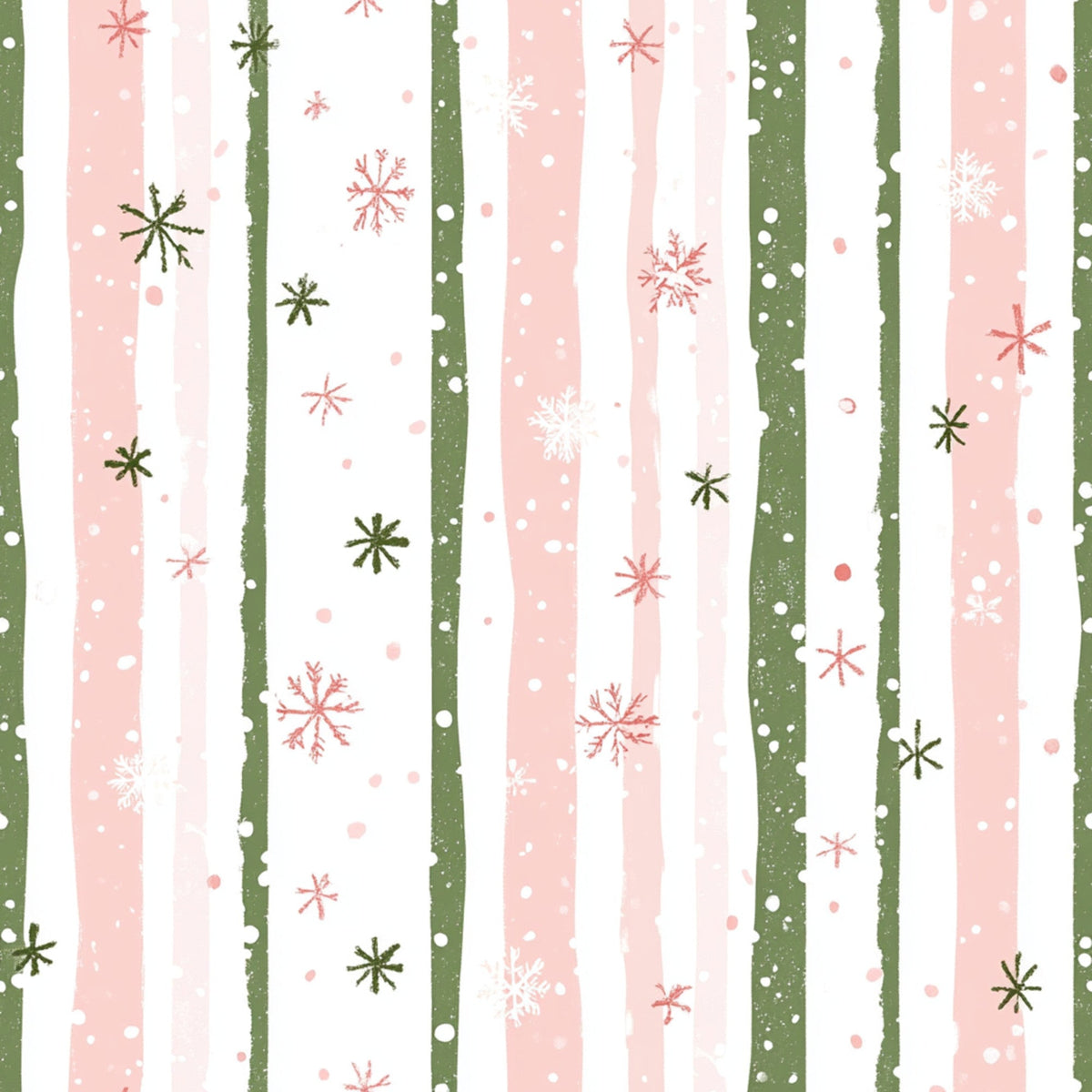 sweet pink, sage green, white, vertical stripes, snowflakes, winter motifs, polka dots,, fabric panel, christmas pattern, holiday design, festive snowflakes, soft pastels, winter wonderland, geometric snowflakes, striped background, seasonal fabric, cotton material, quilting supplies, holiday crafting
