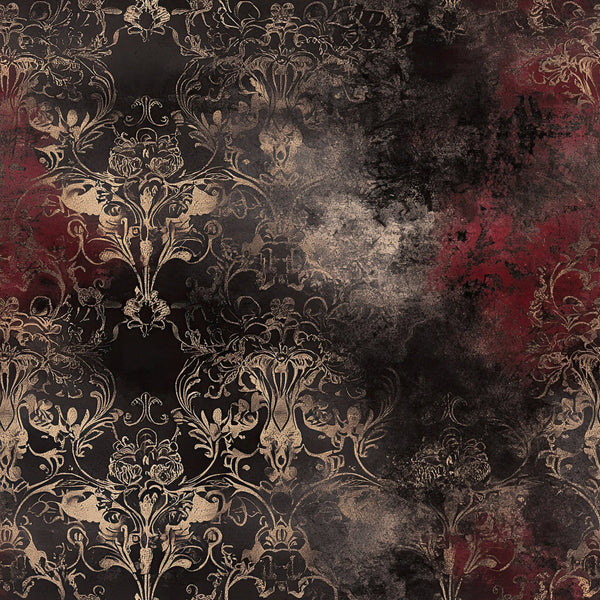 burgundy, deep red, charcoal black, gold, cream, damask, ornamental, baroque, vintage, elegant, gothic, distressed, grunge, traditional, luxe, ornate, scrollwork, floral damask, steampunk, dark romantic, Victorian, classic, sophisticated, moody, textured, antique, luxury, home decor, upholstery