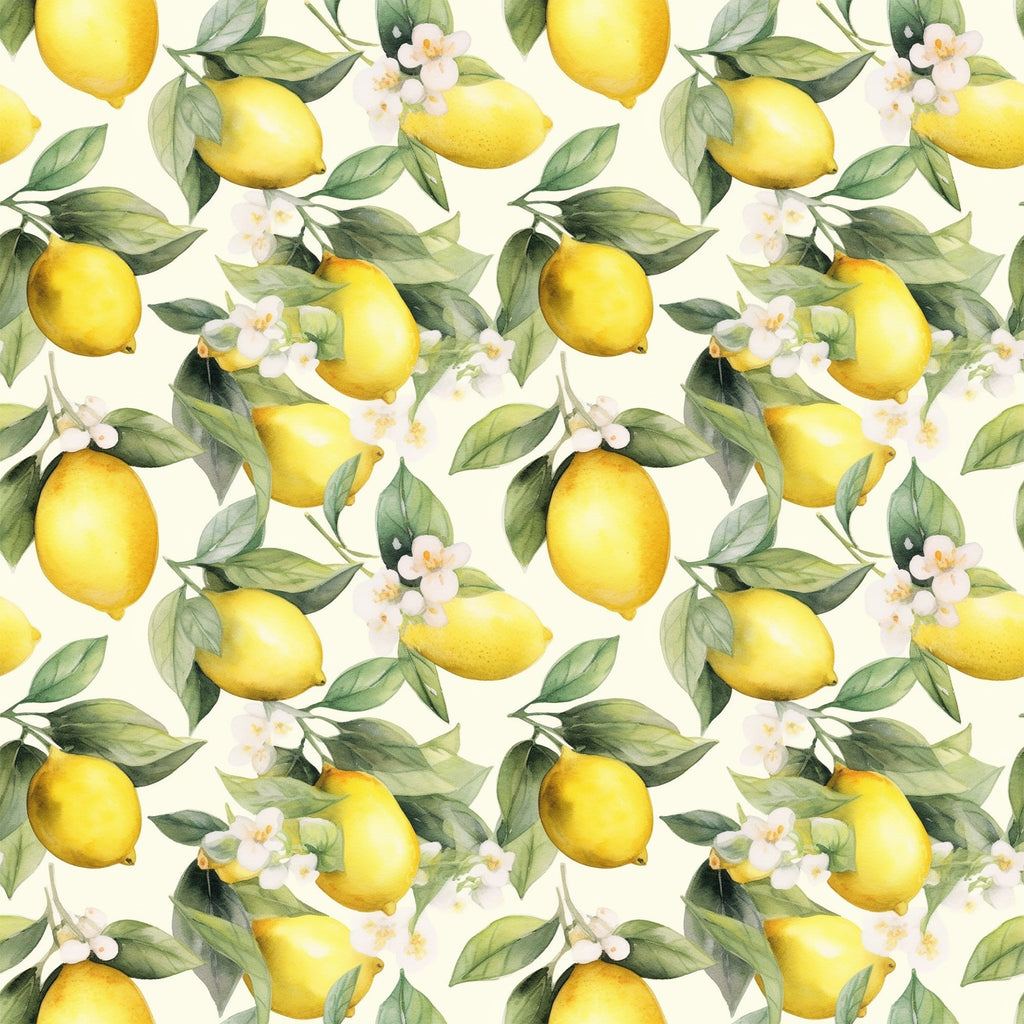 yellow lemons, green leaves, white flowers, cream background, citrus fruit, botanical pattern, repeating design, watercolor style, fresh spring,, fabric panel, floral elements, bright yellow, sage green, nature motif, garden theme, seamless repeat, artistic illustration, lemon blossoms, citrus grove