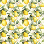 yellow lemons, green leaves, white flowers, cream background, citrus fruit, botanical pattern, repeating design, watercolor style, fresh spring,, fabric panel, floral elements, bright yellow, sage green, nature motif, garden theme, seamless repeat, artistic illustration, lemon blossoms, citrus grove