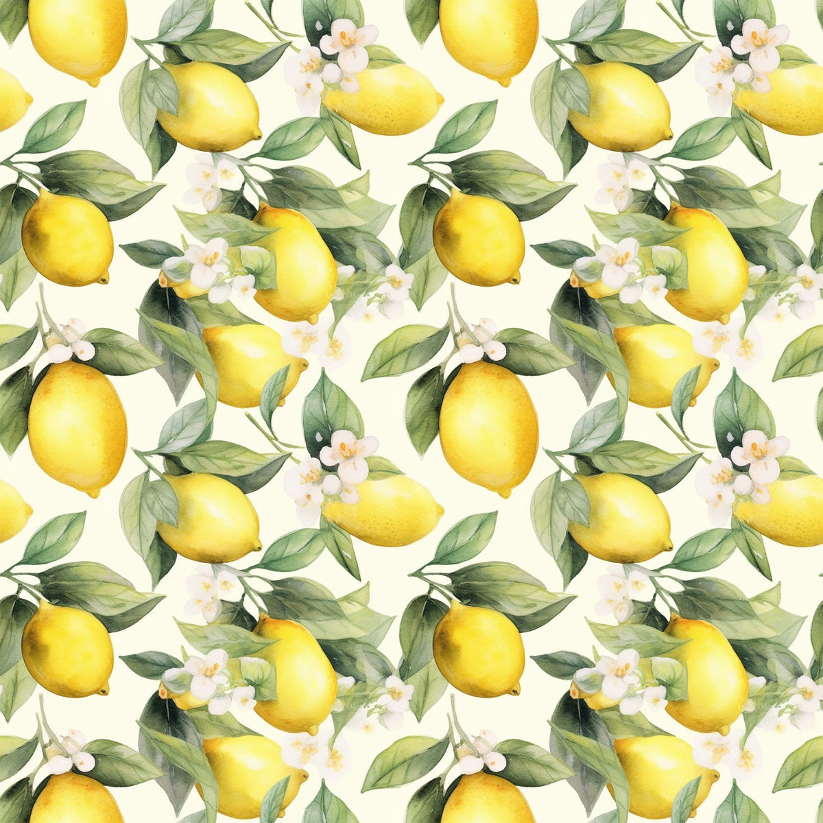 yellow lemons, green leaves, white flowers, cream background, citrus fruit, botanical pattern, repeating design, watercolor style, fresh spring,, fabric panel, floral elements, bright yellow, sage green, nature motif, garden theme, seamless repeat, artistic illustration, lemon blossoms, citrus grove