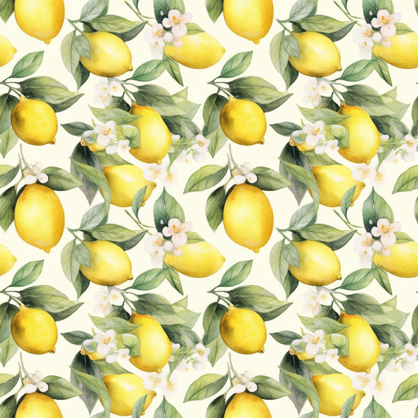 yellow lemons, green leaves, white flowers, cream background, citrus fruit, botanical pattern, repeating design, watercolor style, fresh spring,, fabric panel, floral elements, bright yellow, sage green, nature motif, garden theme, seamless repeat, artistic illustration, lemon blossoms, citrus grove