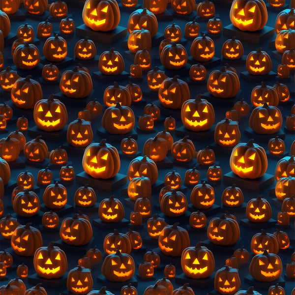 orange, black, dark blue, jack-o-lanterns, pumpkins, carved faces, glowing eyes, halloween pattern, spooky,, fabric panel, seasonal, autumn, trick-or-treat, festive, scattered design, horror theme, october, carved pumpkins, eerie glow