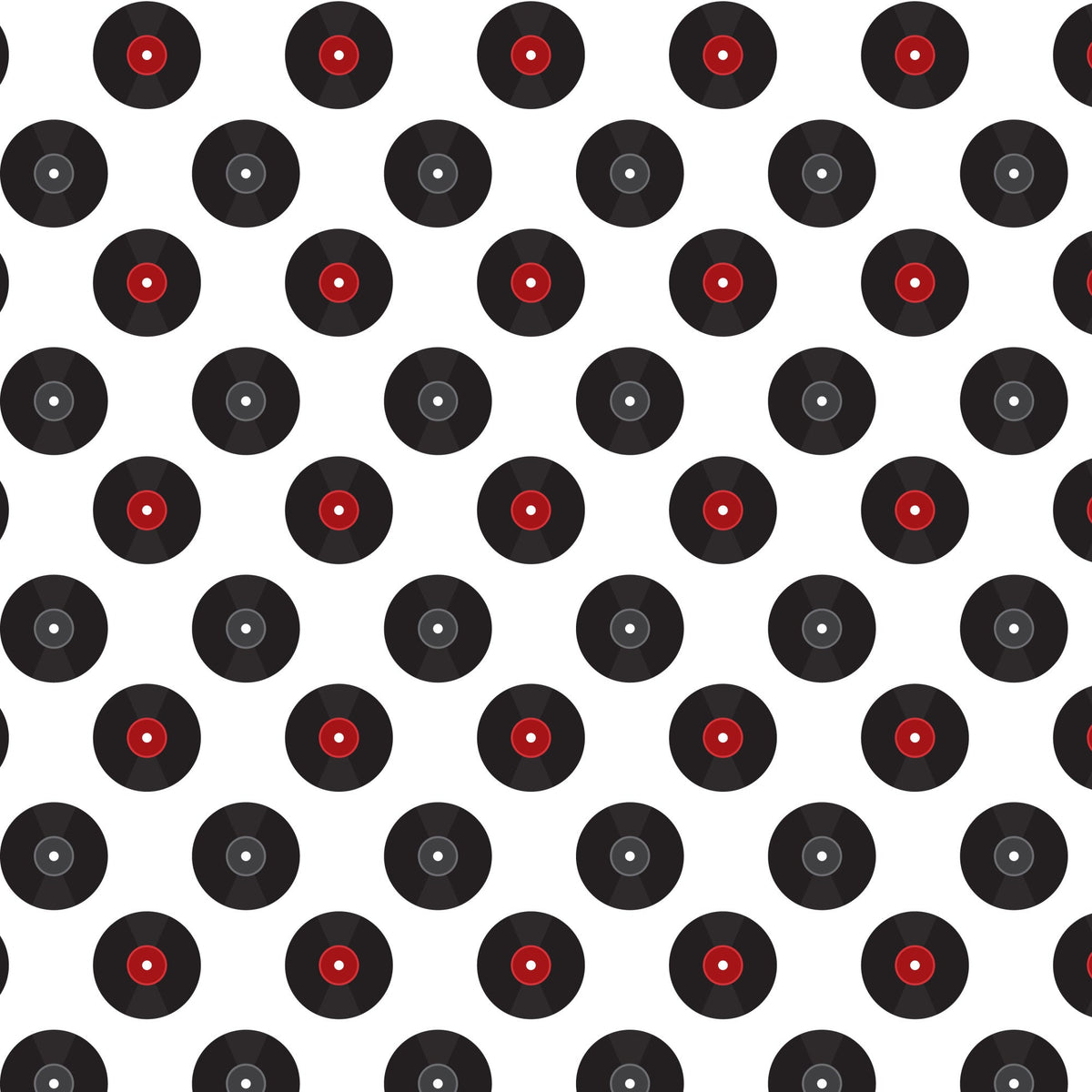 black, red, white, vinyl records, retro pattern, 1950s style, diner theme, alternating rows, geometric design, nostalgic, mid-century, music motif, repetitive pattern,, fabric panel, rockabilly, jukebox era, americana, vintage inspired