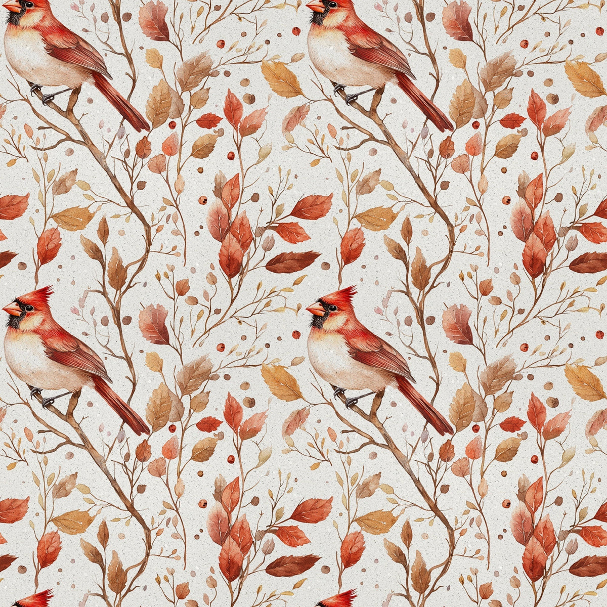 red cardinals, autumn leaves, watercolor style,, fabric panel, bird pattern, fall foliage, russet brown, coral red, cream background, nature design, botanical elements, seasonal pattern, winter birds, orange leaves, delicate artwork, repeating motif, craft fabric, wildlife theme, warm tones