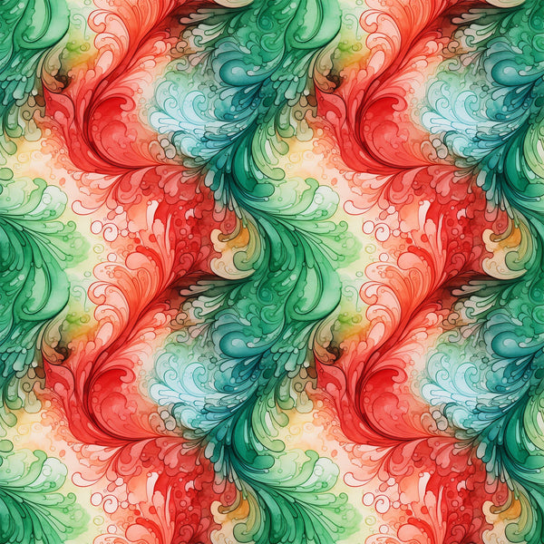 watercolor, christmas swirls, red, green, teal, coral, flowing patterns, decorative scrolls, ornamental flourishes,, fabric panel, holiday themed, festive colors, artistic swirls, botanical motifs, seamless pattern, crafting fabric, seasonal design, vintage style, elegant curves
