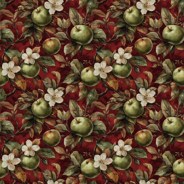 deep burgundy, forest green, cream white, vintage apple print, floral pattern, botanical design, apple orchard, apple blossoms, white flowers, nature theme, farmhouse style, rustic, elegant, traditional, autumn, fall, harvest, countryside, orchard theme, garden, botanical, classic, timeless, home decor, upholstery, heirloom, romantic, cottage core, distressed texture, apple motif