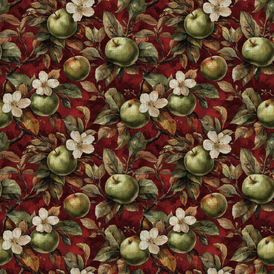 deep burgundy, forest green, cream white, vintage apple print, floral pattern, botanical design, apple orchard, apple blossoms, white flowers, nature theme, farmhouse style, rustic, elegant, traditional, autumn, fall, harvest, countryside, orchard theme, garden, botanical, classic, timeless, home decor, upholstery, heirloom, romantic, cottage core, distressed texture, apple motif