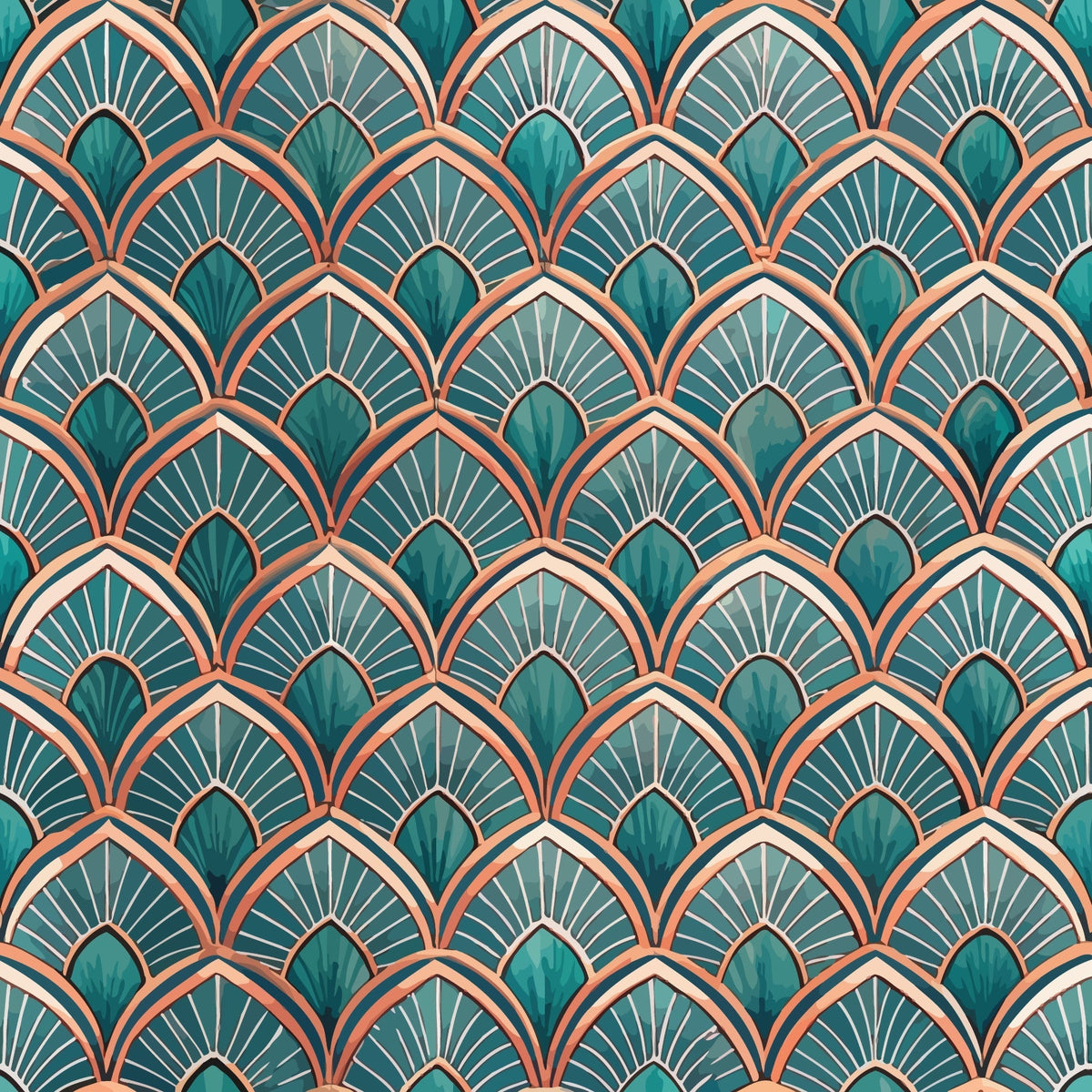 art deco, geometric pattern, fan motifs, scalloped design, teal green, coral orange, peach pink, cream white, repeating pattern, vintage style, ornamental design,, fabric panel, decorative motifs, stylized fans, peacock feathers, sunburst pattern, elegant curves, retro aesthetic
