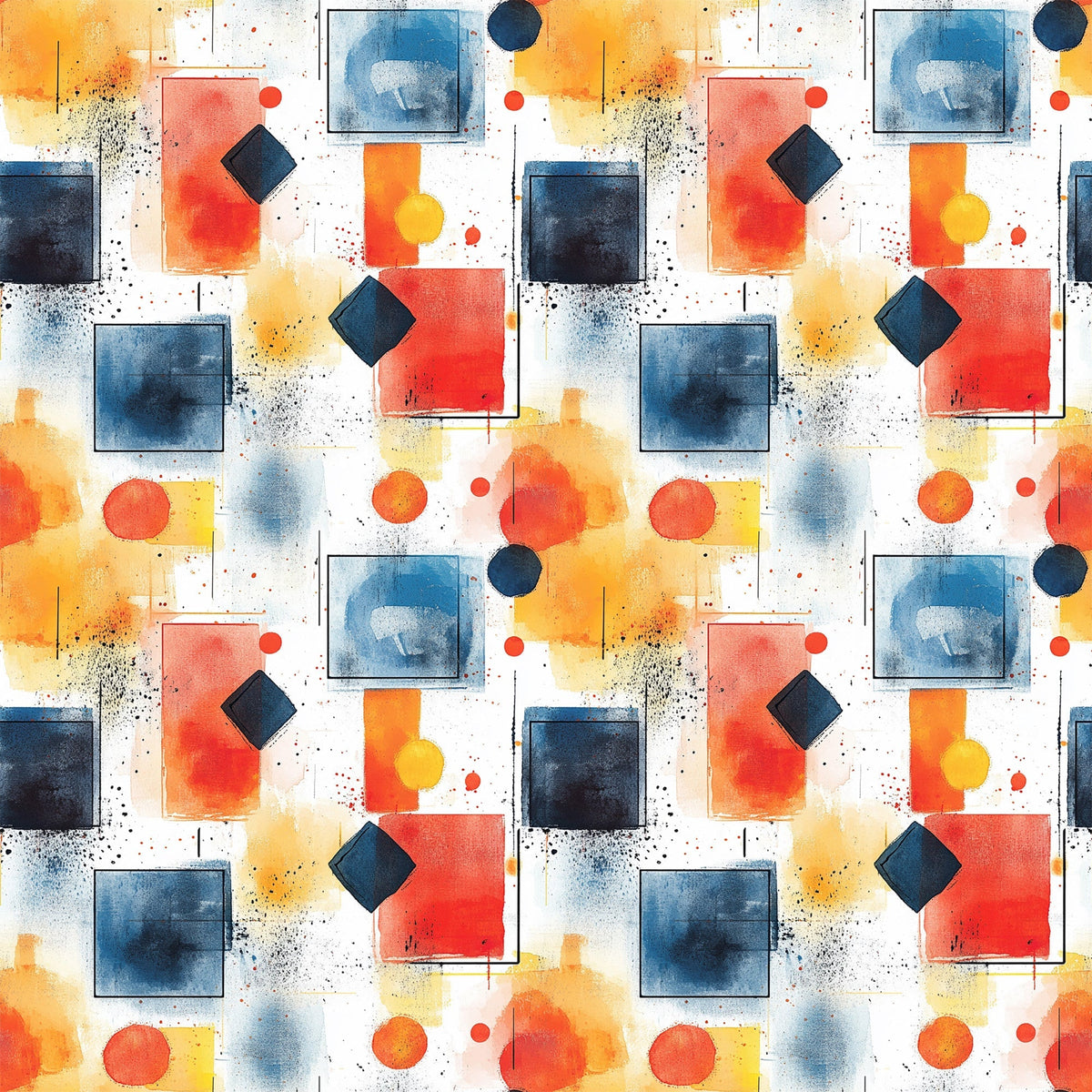 watercolor, geometric shapes, mid century modern, abstract art, orange, blue, navy, coral, yellow, white, squares, circles, diamonds, contemporary design,, fabric panel, artistic pattern, splatter effects, modern aesthetic, vibrant colors