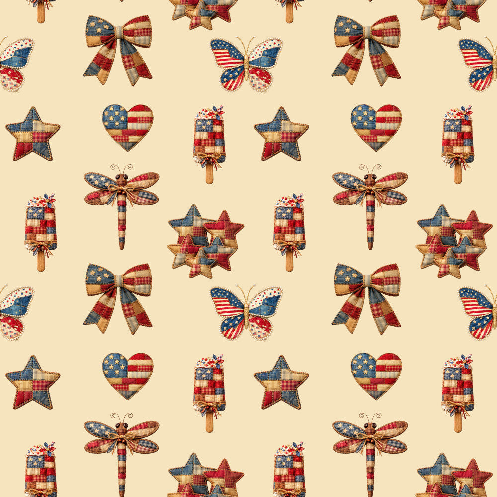 patriotic, red white blue, stars, hearts, butterflies, dragonflies, bows, popsicles, americana, fourth of july, independence day, summer, vintage americana, rustic, whimsical, gingham, plaid, patchwork, stars and stripes, flag design, nostalgic, cottage core, farmhouse, kids room, playroom, traditional, cheerful, folk art