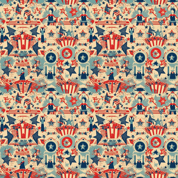 red white blue, patriotic motifs, vintage americana, stars and stripes, uncle sam hats, fireworks bursts, circular medallions, geometric stars, retro illustration style, repeating pattern,, fabric panel, fourth of july theme, nostalgic design, americana symbols, decorative elements, vintage color palette, seamless repeat, patriotic characters, festive imagery