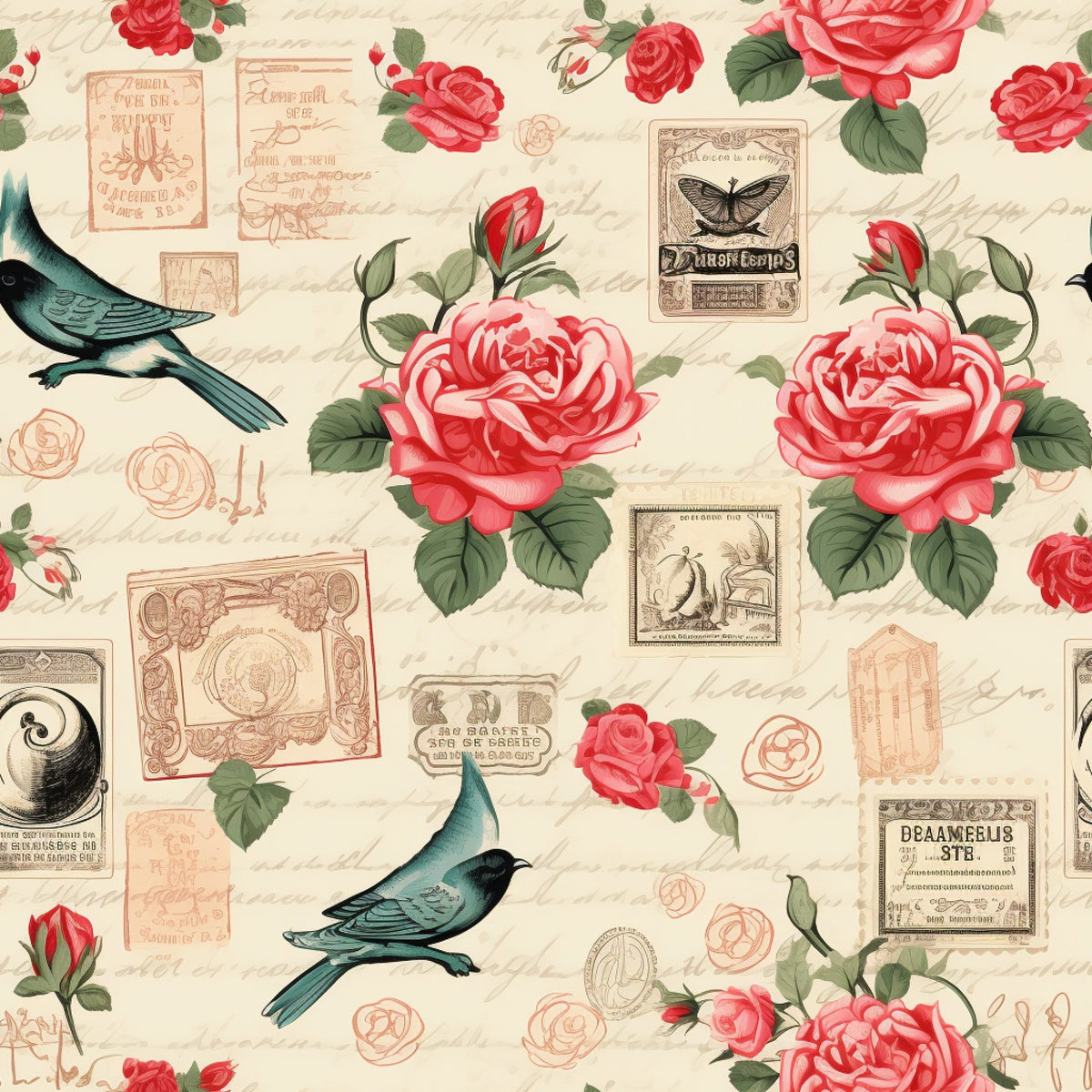 vintage stamps, pink roses, coral flowers, teal birds, cream background, handwritten script, postal theme,, fabric panel, romantic floral, antique ephemera, butterfly motifs, green leaves, rose buds, victorian style, shabby chic, botanical elements, letter writing, nostalgic pattern, soft pastels