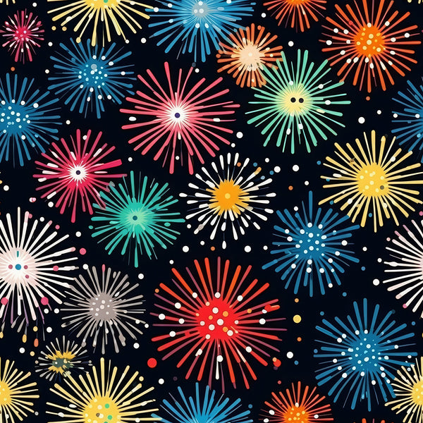fireworks pattern, night sky, celebration, colorful bursts, red fireworks, blue fireworks, yellow fireworks, pink fireworks, green fireworks, white fireworks, orange fireworks, starburst design, radiating lines, festive pattern, black background, scattered dots, explosive motifs,, fabric panel, party theme, bright colors, geometric bursts