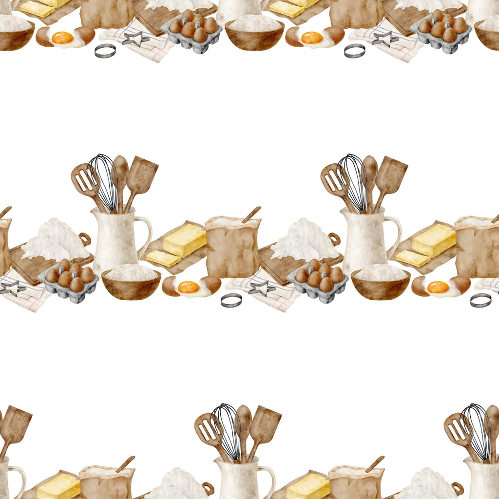 watercolor baking, kitchen utensils, cooking ingredients, eggs, flour, butter, whisk, spatula, mixing bowl, brown tones, cream colors, beige palette, baking theme, culinary pattern,, fabric panel, cooking motif, kitchen design, soft watercolors, repeating pattern