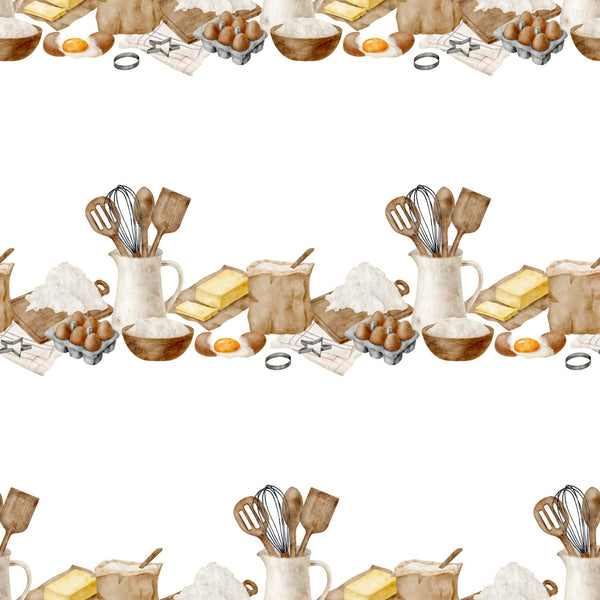watercolor baking, kitchen utensils, cooking ingredients, eggs, flour, butter, whisk, spatula, mixing bowl, brown tones, cream colors, beige palette, baking theme, culinary pattern,, fabric panel, cooking motif, kitchen design, soft watercolors, repeating pattern