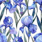 iris flowers, purple blooms, blue petals, lavender shades, floral pattern, botanical design, watercolor style, green leaves, stems,, fabric panel, spring flowers, garden theme, repeating pattern, soft pastels, artistic florals, nature motif, blooming irises