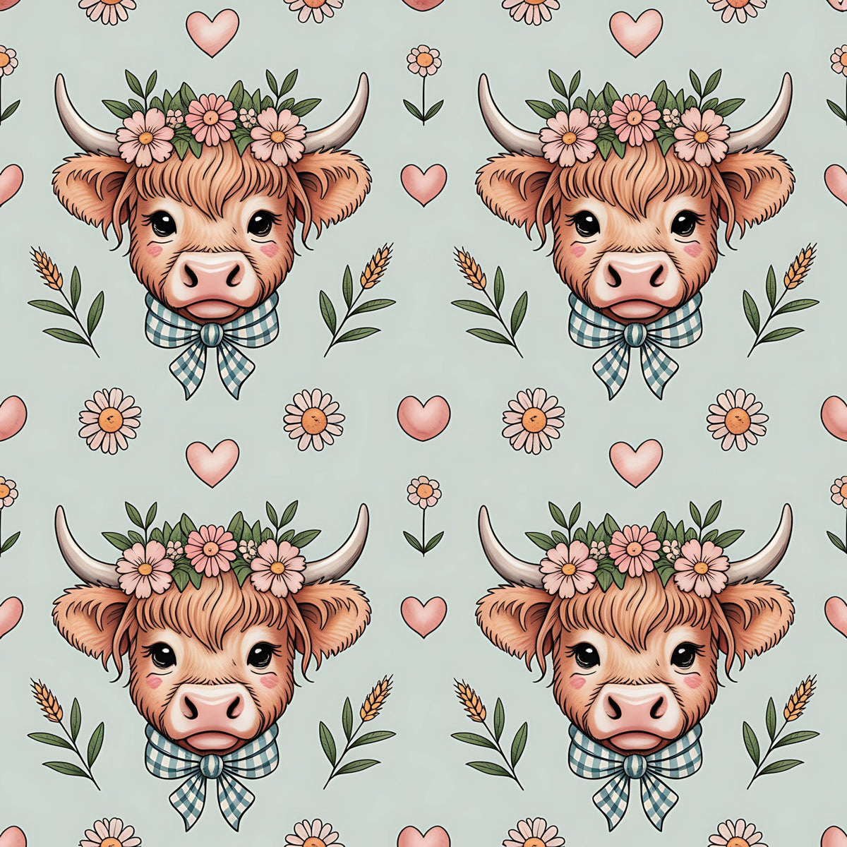 highland cow, bovine heads, floral crown, pink flowers, green leaves, checkered bow, blue gingham, cream horns, orange fur, pink hearts, wheat stalks, cottage core, pastoral theme,, fabric panel, repeating pattern, cute animals, farmhouse style, soft pastels, sage green background