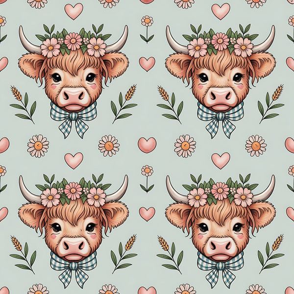 highland cow, bovine heads, floral crown, pink flowers, green leaves, checkered bow, blue gingham, cream horns, orange fur, pink hearts, wheat stalks, cottage core, pastoral theme,, fabric panel, repeating pattern, cute animals, farmhouse style, soft pastels, sage green background