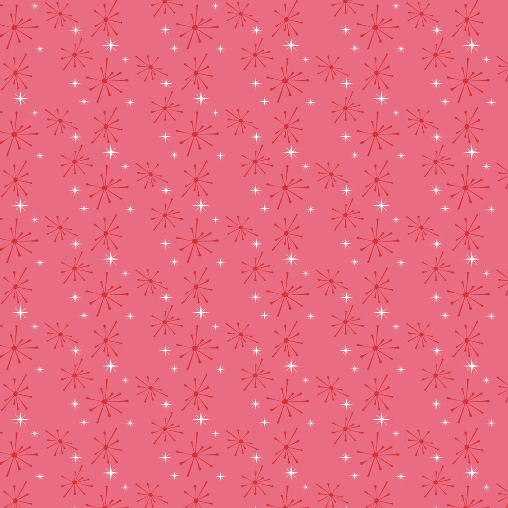 coral pink, salmon pink, white, starburst pattern, atomic design, mid-century modern, retro style, geometric shapes, radiating lines, sparkle motif, 1950s aesthetic, vintage inspired,, fabric panel, repetitive pattern, nostalgic feel, diner theme, starlike designs, coordinating colors, crafting material