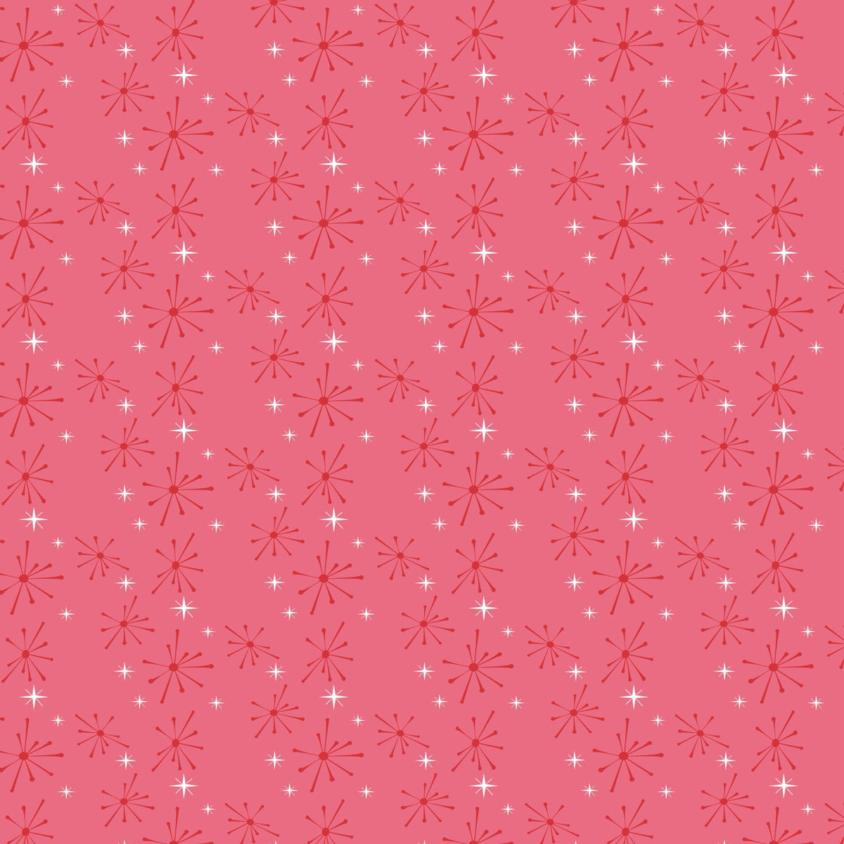 coral pink, salmon pink, white, starburst pattern, atomic design, mid-century modern, retro style, geometric shapes, radiating lines, sparkle motif, 1950s aesthetic, vintage inspired,, fabric panel, repetitive pattern, nostalgic feel, diner theme, starlike designs, coordinating colors, crafting material