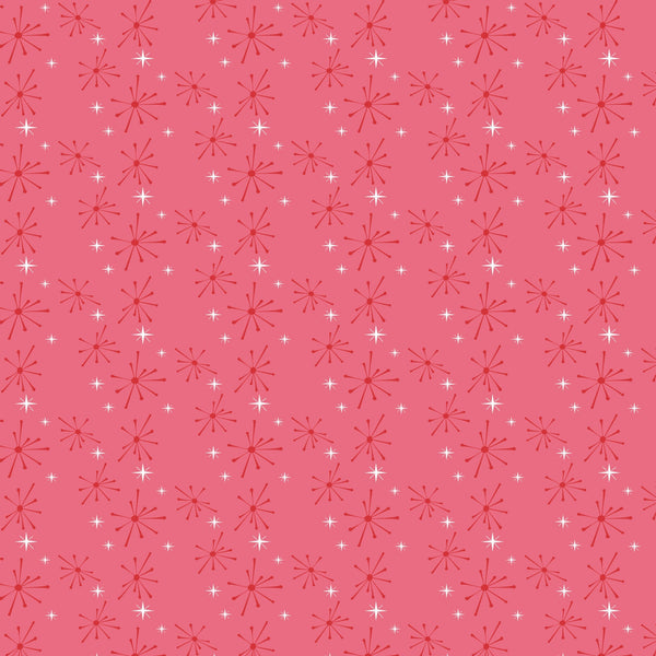 coral pink, salmon pink, white, starburst pattern, atomic design, mid-century modern, retro style, geometric shapes, radiating lines, sparkle motif, 1950s aesthetic, vintage inspired,, fabric panel, repetitive pattern, nostalgic feel, diner theme, starlike designs, coordinating colors, crafting material