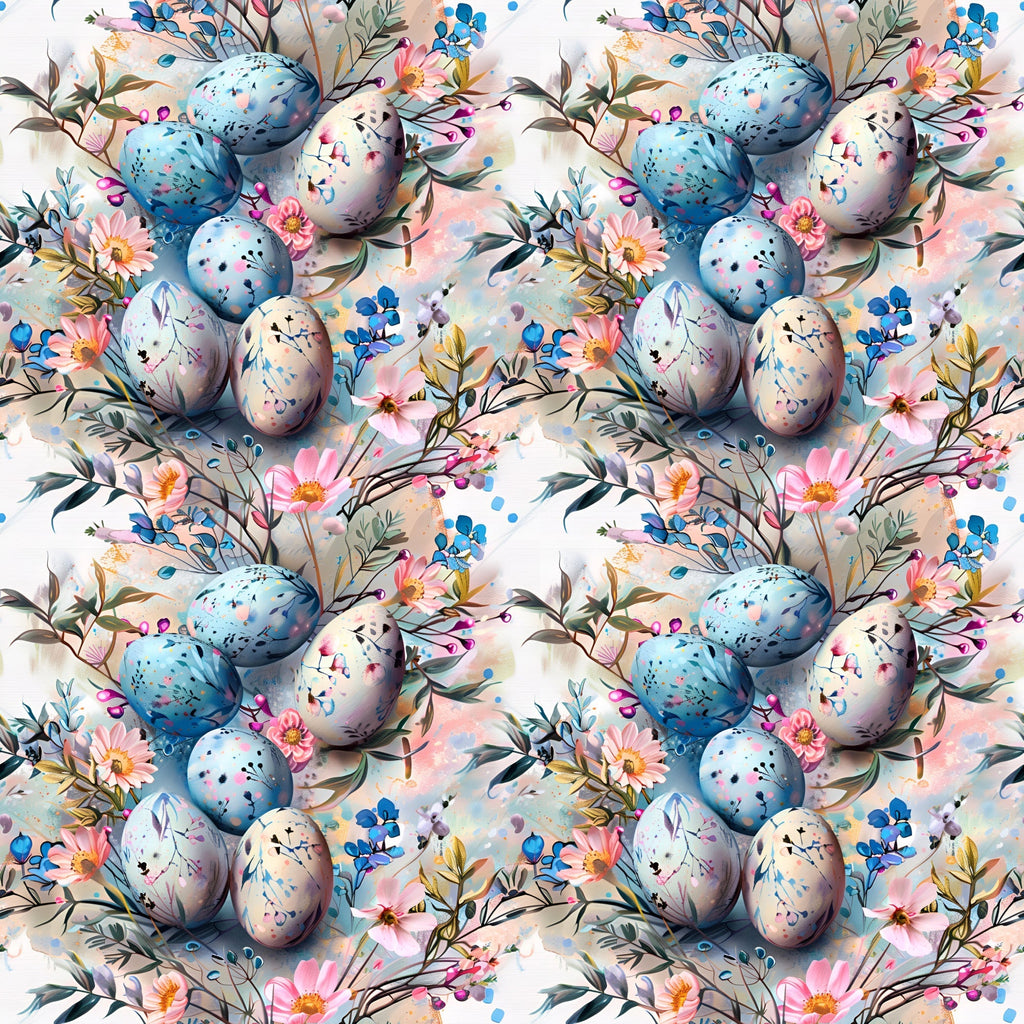 easter eggs, boho style, floral pattern, spring flowers, watercolor style, pastel colors, blue eggs, pink flowers, botanical elements, repeating pattern,, fabric panel, delicate florals, speckled eggs, nature motifs, soft pastels, seamless design, whimsical style, easter theme, artistic eggs