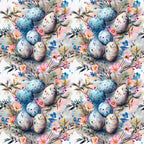 easter eggs, boho style, floral pattern, spring flowers, watercolor style, pastel colors, blue eggs, pink flowers, botanical elements, repeating pattern,, fabric panel, delicate florals, speckled eggs, nature motifs, soft pastels, seamless design, whimsical style, easter theme, artistic eggs