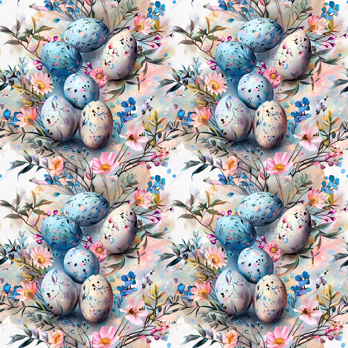 easter eggs, boho style, floral pattern, spring flowers, watercolor style, pastel colors, blue eggs, pink flowers, botanical elements, repeating pattern,, fabric panel, delicate florals, speckled eggs, nature motifs, soft pastels, seamless design, whimsical style, easter theme, artistic eggs