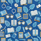 navy blue, royal blue, white, gold accents, books, eyeglasses, magnifying glass, leaves, botanical elements, school supplies, educational theme, scattered pattern, flat design, illustration style,, fabric panel, back to school, academic motifs, reading theme, geometric elements