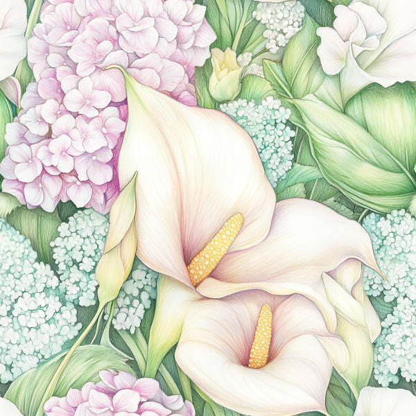pastel colors, calla lily, floral pattern, hydrangea, botanical illustration, cream white, soft pink, sage green, mint green, yellow stamens,, fabric panel, watercolor style, delicate flowers, spring florals, garden blooms, feminine design, soft pastels, realistic florals, nature motifs
