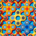 bright colors, fidget spinners, geometric pattern, red, yellow, blue, orange, circular designs, modern pattern, contemporary style,, fabric panel, spinning toys, overlapping circles, vibrant design, playful motif, kids fabric, trendy pattern, colorful background