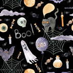 halloween, black background, orange moon, purple moon, ghost, witch cat, spiderweb, spiders, candy corn, potion bottle, candle, bat, skull, eye, clouds, whimsical, spooky, festive, dark, autumn, fall, kids, children, playroom, nursery, trick-or-treat, haunted, creepy cute, orange, purple
