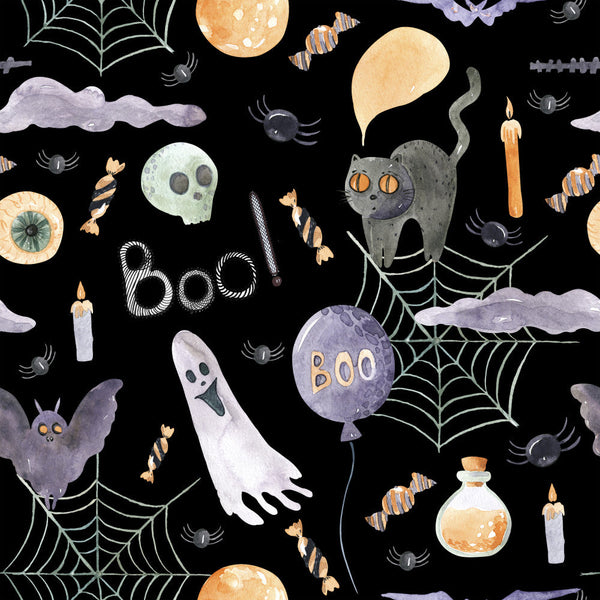 halloween, black background, orange moon, purple moon, ghost, witch cat, spiderweb, spiders, candy corn, potion bottle, candle, bat, skull, eye, clouds, whimsical, spooky, festive, dark, autumn, fall, kids, children, playroom, nursery, trick-or-treat, haunted, creepy cute, orange, purple