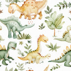 watercolor dinosaurs, green dinosaurs, orange dinosaurs, yellow dinosaurs, tropical leaves, palm fronds, botanical elements, prehistoric creatures, stegosaurus, brontosaurus, t-rex,, fabric panel, children's fabric, nursery fabric, soft pastels, whimsical illustration, seamless pattern, dinosaur theme, jungle plants