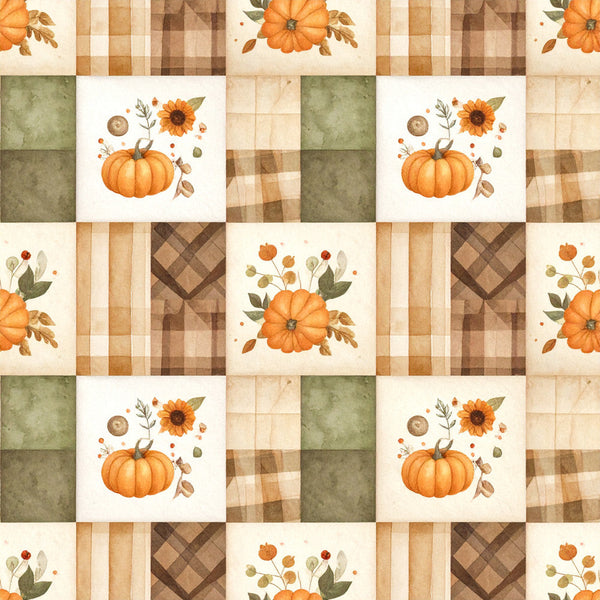 autumn pumpkin, fall harvest, sunflower, cream, tan, brown, olive green, sage green, orange, pumpkin orange, plaid, gingham, checkered, stripe, patchwork, rustic, farmhouse, vintage, botanical, floral, seasonal, thanksgiving, autumn decor, country style, traditional, warm tones, earth tones, harvest theme, seasonal home decor