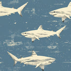 sharks, ocean blue, cream white, swimming pattern, marine life, underwater scene, distressed texture, vintage style,, fabric panel, sea creatures, nautical theme, aquatic animals, weathered look, coastal design, swimming motion, ocean depths, masculine colors, repetitive pattern, stylized illustration