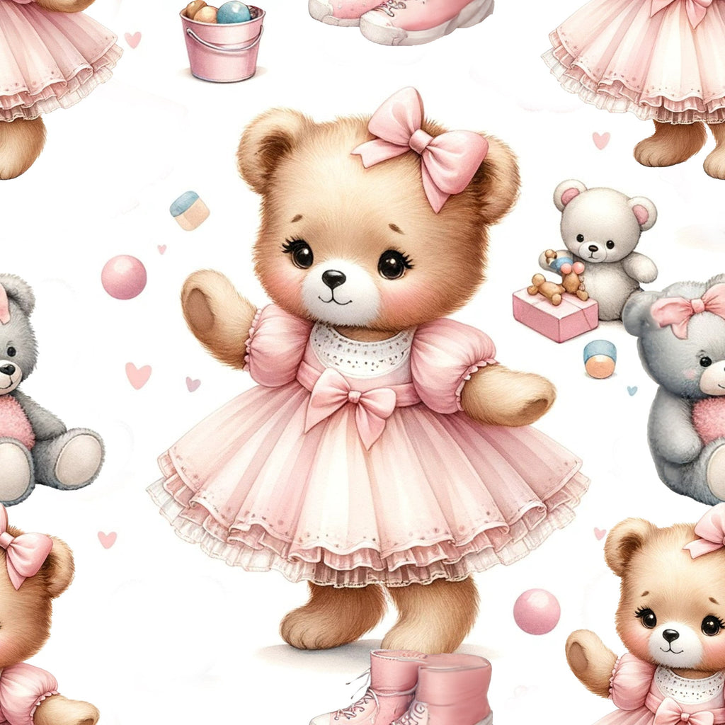 Rosy Balloon Cubs Pattern 10 fleece fabric with pink and gray teddy bears, bows, dresses, balloons, hearts and gift boxes on a white background