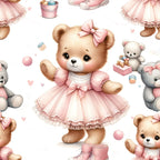 Rosy Balloon Cubs Pattern 10 fleece fabric with pink and gray teddy bears, bows, dresses, balloons, hearts and gift boxes on a white background